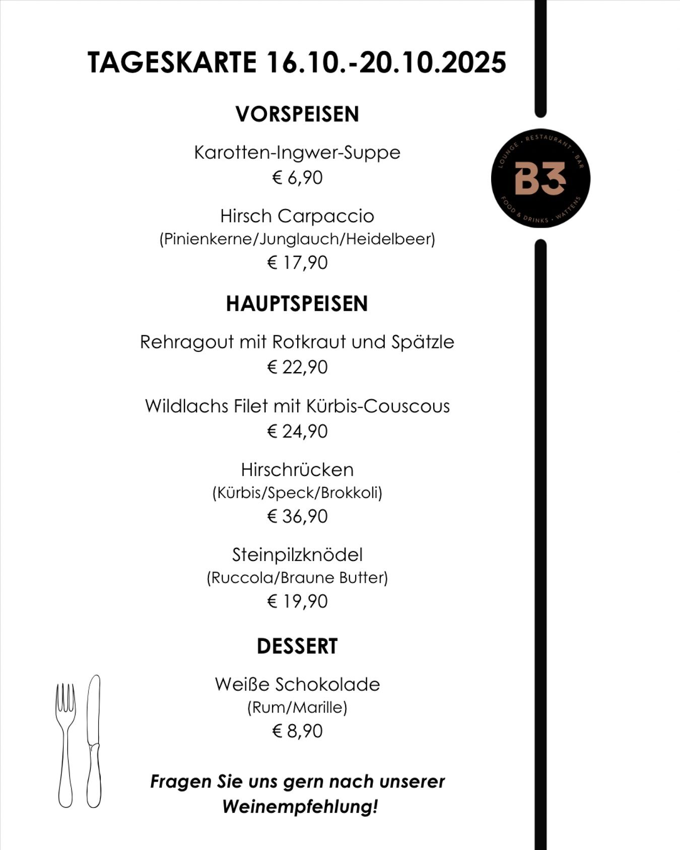 Unsere aktuelle Tageskarte! 🦌#b3 #wattens #restaurant #bar #lounge #food #foodlover #drinks #beer #wine #party #events #catering #foodporn #instafood #dinner #breakfast #lunch #delicious #yummy #coffee #cafe #tasty #cocktails #homemade #gastro #gastronomie #tirol #menü10#b3, #wattens, #restaurant, #bar, #lounge, #food, #foodlover, #drinks, #beer, #wine, #party, #events, #catering, #foodporn, #instafood, #dinner, #breakfast, #lunch, #delicious, #yummy, #coffee, #cafe, #tasty, #cocktails, #homemade, #gastro, #gastronomie, #tirol, #menü